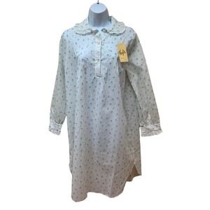 Vintage Najla New York Night Shirt Dainty Blue Floral Cotton Dacron M USA NOS